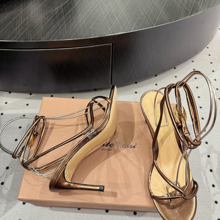 GIANVITO ROSSI 26S LACE-UP HEEL SANDALS 85 MM IN METALLIC COPPER LAMBSKIN