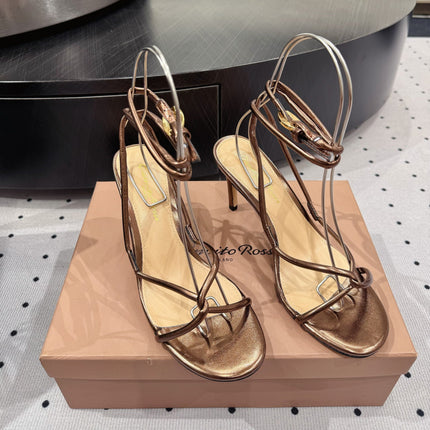 GIANVITO ROSSI 26S LACE-UP HEEL SANDALS 85 MM IN METALLIC COPPER LAMBSKIN