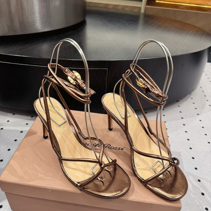 GIANVITO ROSSI 26S LACE-UP HEEL SANDALS 85 MM IN METALLIC COPPER LAMBSKIN