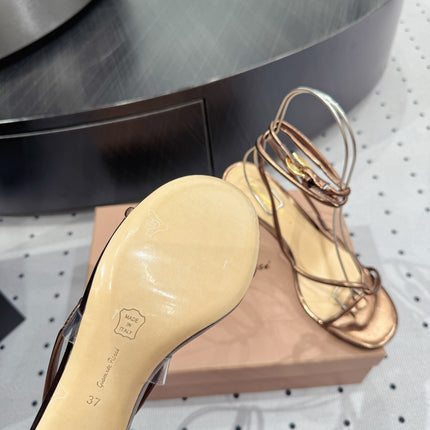 GIANVITO ROSSI 26S LACE-UP HEEL SANDALS 85 MM IN METALLIC COPPER LAMBSKIN