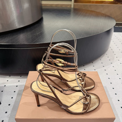 GIANVITO ROSSI 26S LACE-UP HEEL SANDALS 85 MM IN METALLIC COPPER LAMBSKIN
