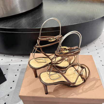 GIANVITO ROSSI 26S LACE-UP HEEL SANDALS 85 MM IN METALLIC COPPER LAMBSKIN