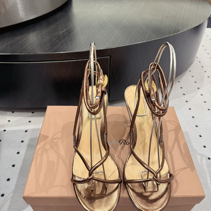 GIANVITO ROSSI 26S LACE-UP HEEL SANDALS 85 MM IN METALLIC COPPER LAMBSKIN