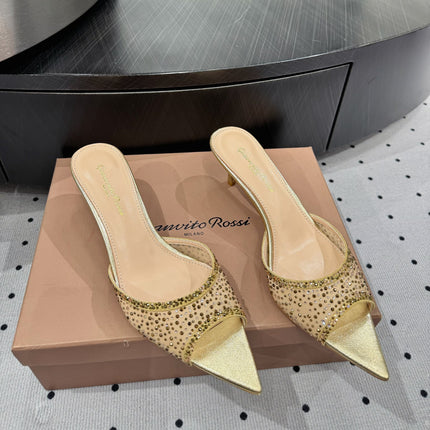 GIANVITO ROSSI 26S HIGH-HEEL SANDALS 55 MM IN METALLIC GOLD LAMBSKIN & CRYSTAL