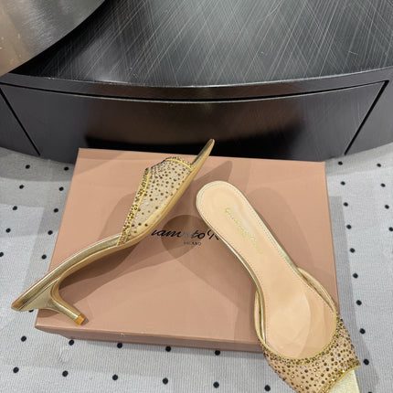 GIANVITO ROSSI 26S HIGH-HEEL SANDALS 55 MM IN METALLIC GOLD LAMBSKIN & CRYSTAL