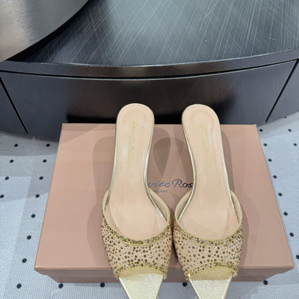 GIANVITO ROSSI 26S HIGH-HEEL SANDALS 55 MM IN METALLIC GOLD LAMBSKIN & CRYSTAL