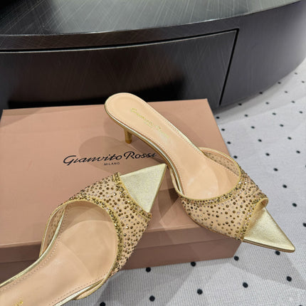 GIANVITO ROSSI 26S HIGH-HEEL SANDALS 55 MM IN METALLIC GOLD LAMBSKIN & CRYSTAL