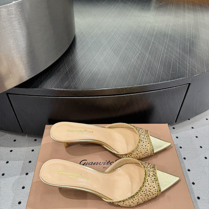 GIANVITO ROSSI 26S HIGH-HEEL SANDALS 55 MM IN METALLIC GOLD LAMBSKIN & CRYSTAL