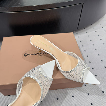 GIANVITO ROSSI 26S HIGH-HEEL SANDALS 55 MM IN WHITE LAMBSKIN & CRYSTAL