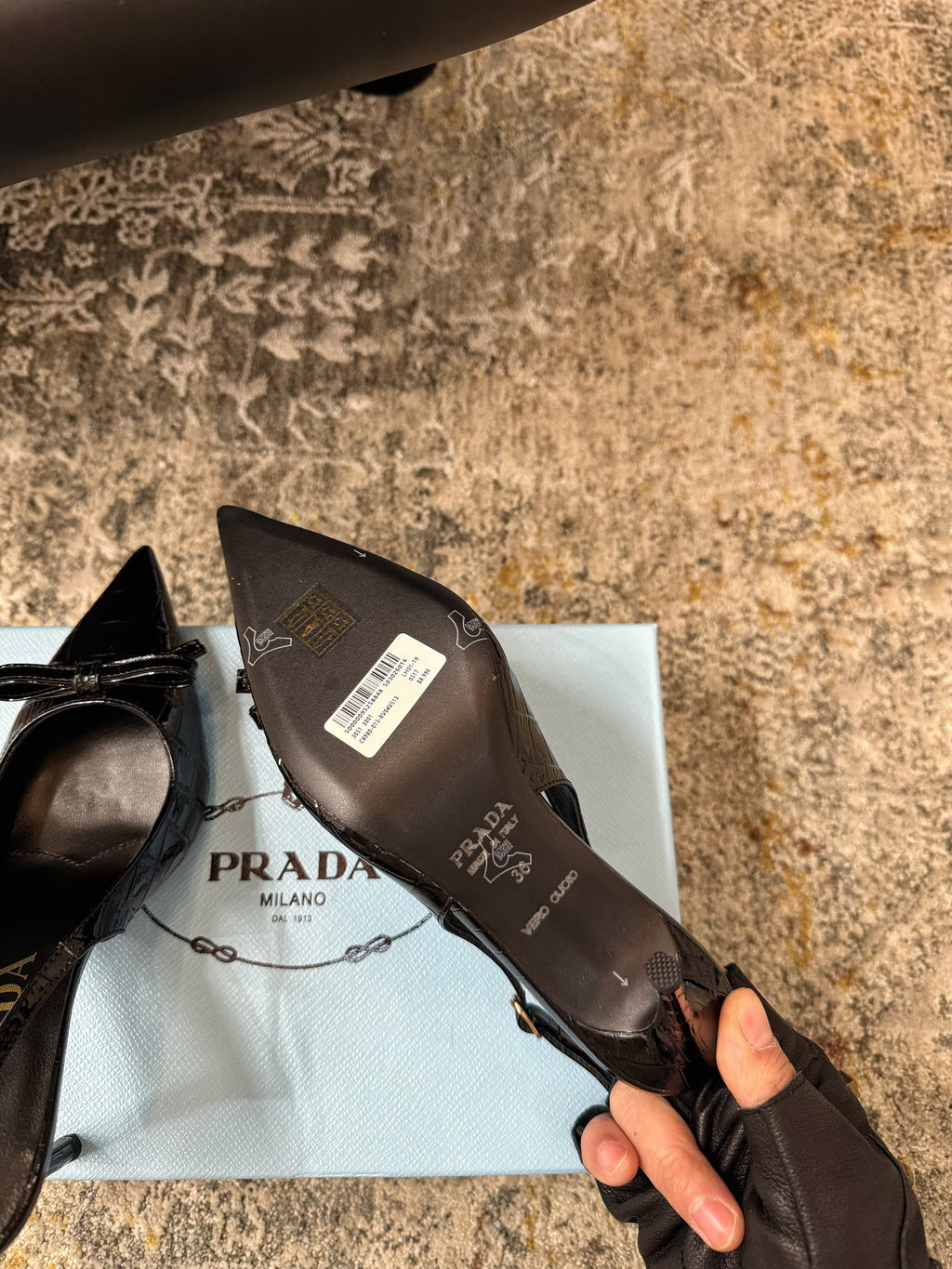 PRADA 25S SLINGBACK HIGH HEELS 75 MM IN BLACK EMBOSSED COWHIDE