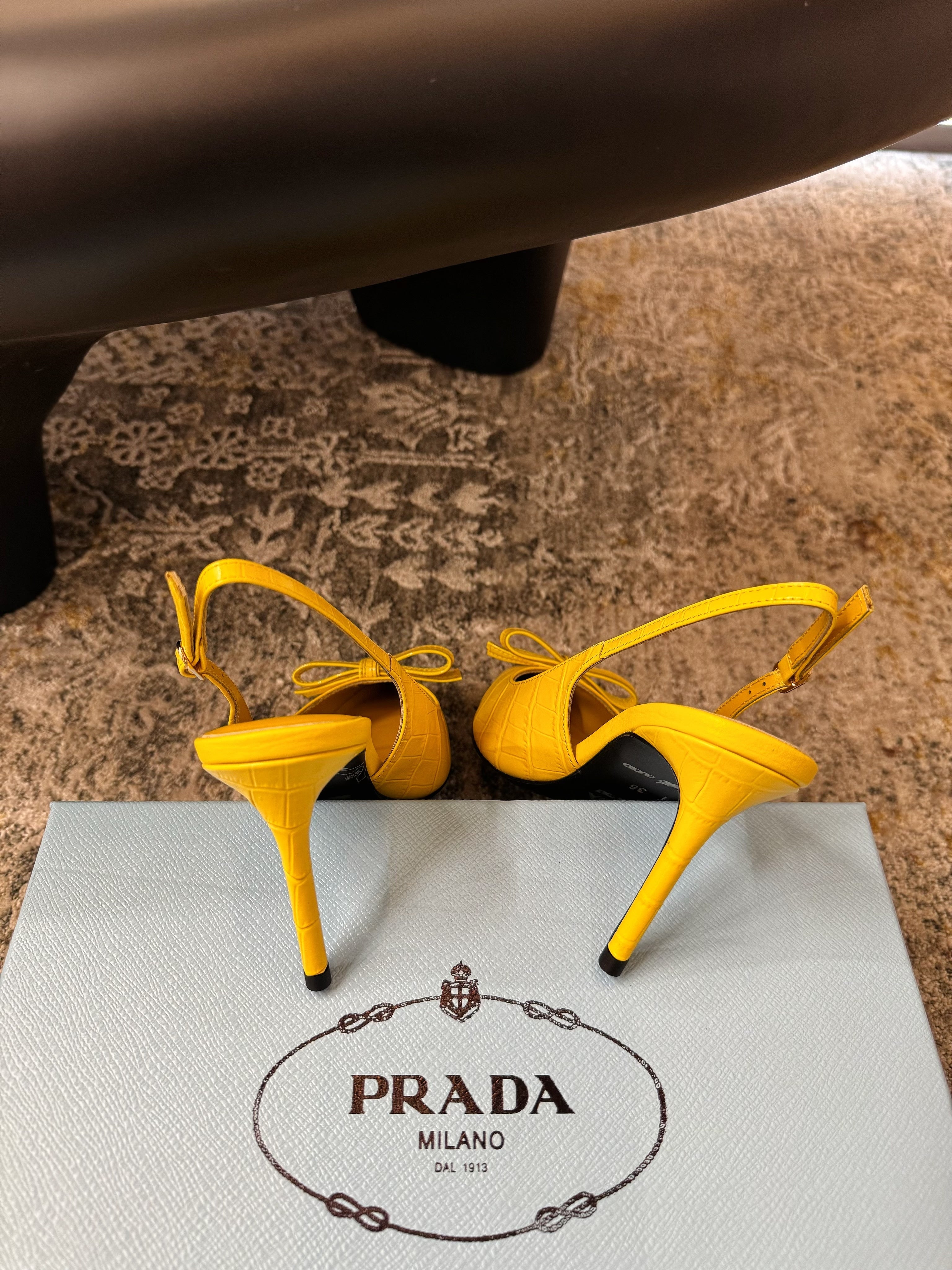 PRADA 25S SLINGBACK HIGH HEELS 75 MM IN YELLOW EMBOSSED COWHIDE