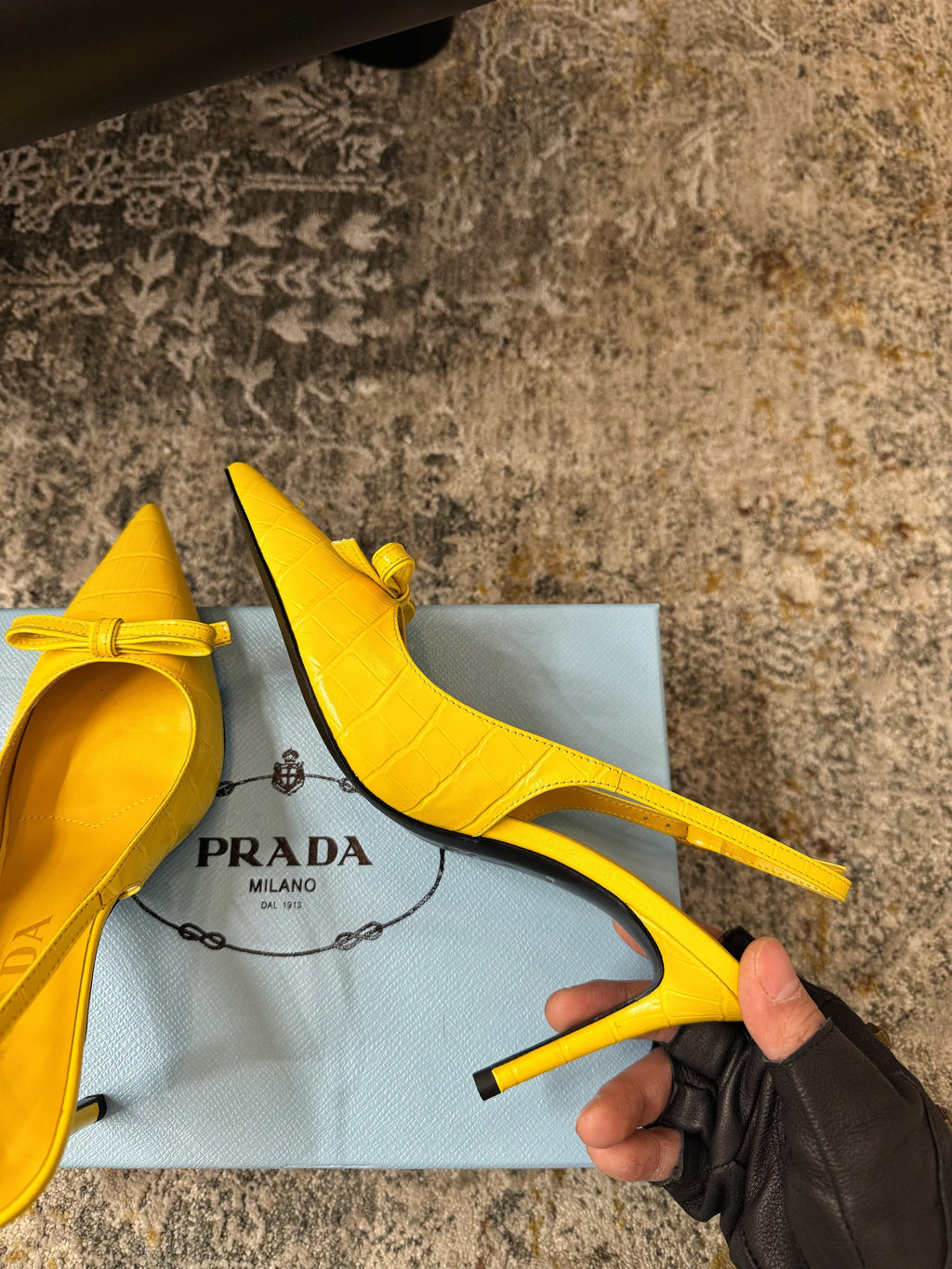 PRADA 25S SLINGBACK HIGH HEELS 75 MM IN YELLOW EMBOSSED COWHIDE