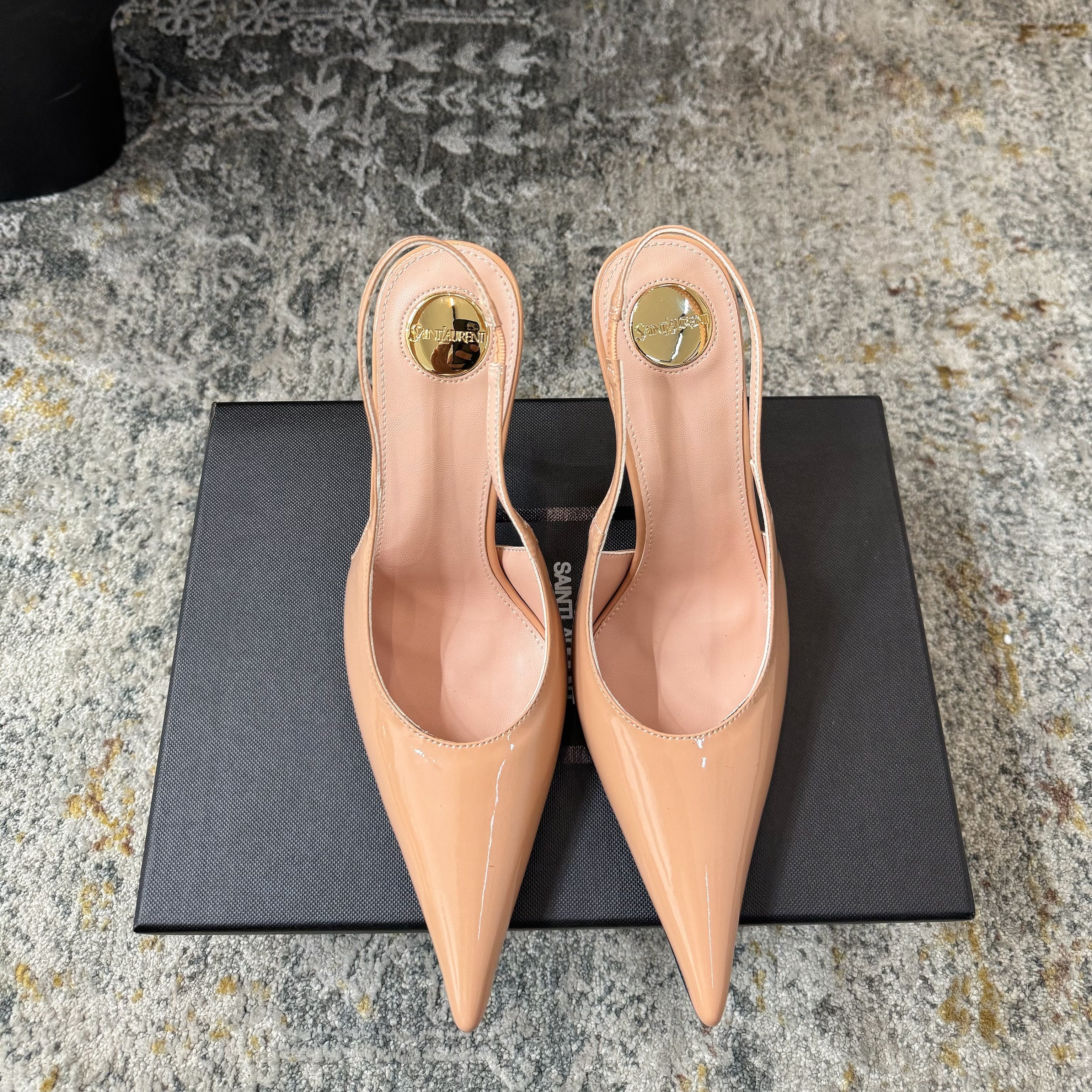 YSL 26S HEELED SLINGBACKS 100 MM IN WARM NUDE GLOSSY CALFSKIN