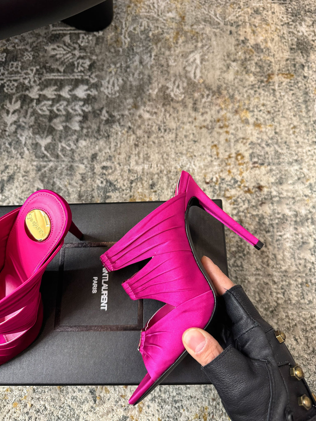 YSL 26S HEELED SANDALS 100 MM IN DARK PINK FABRIC