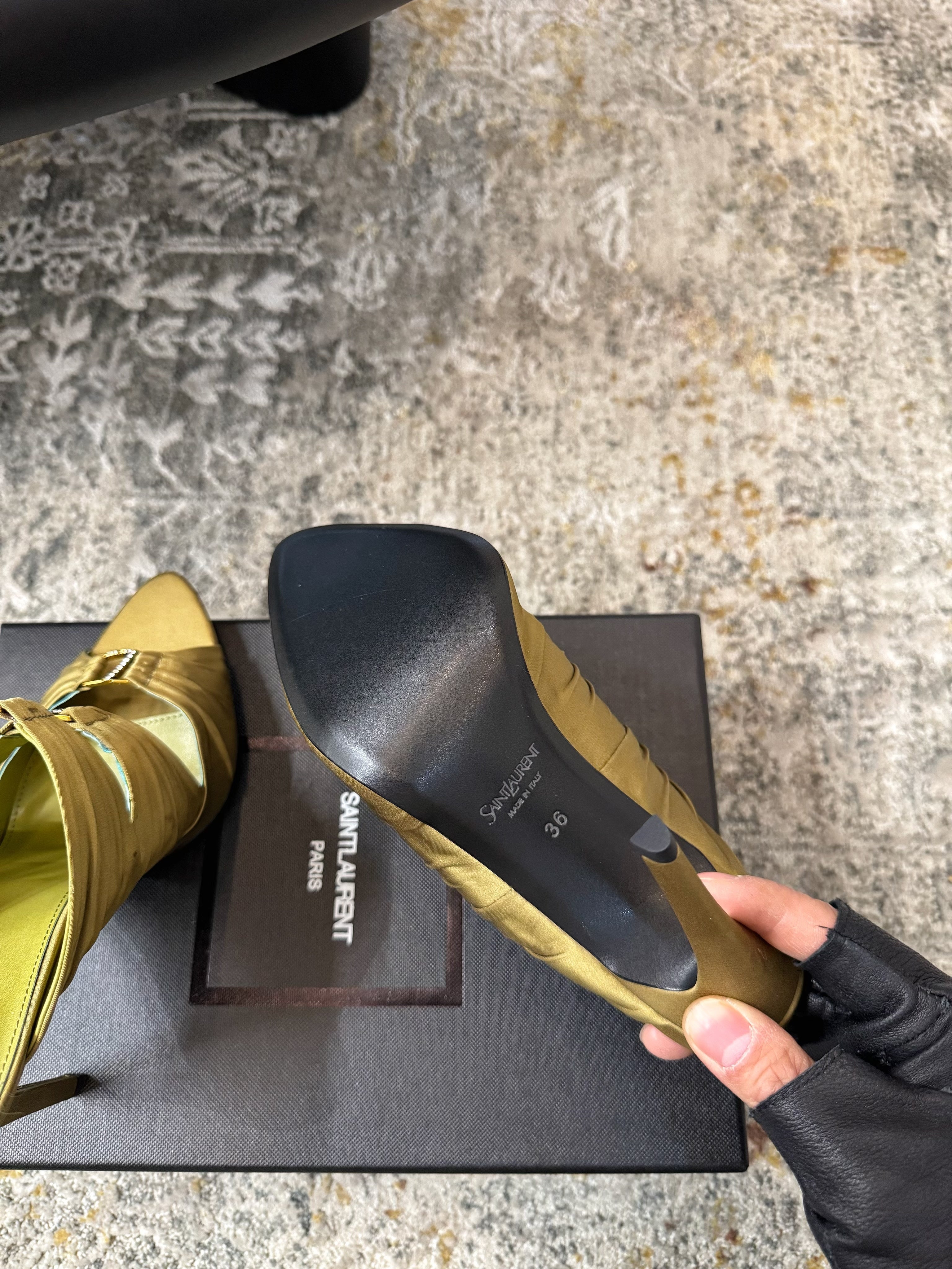 YSL 26S HEELED SANDALS 100 MM IN OLIVE GREEN FABRIC