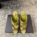 YSL 26S HEELED SANDALS 100 MM IN OLIVE GREEN FABRIC