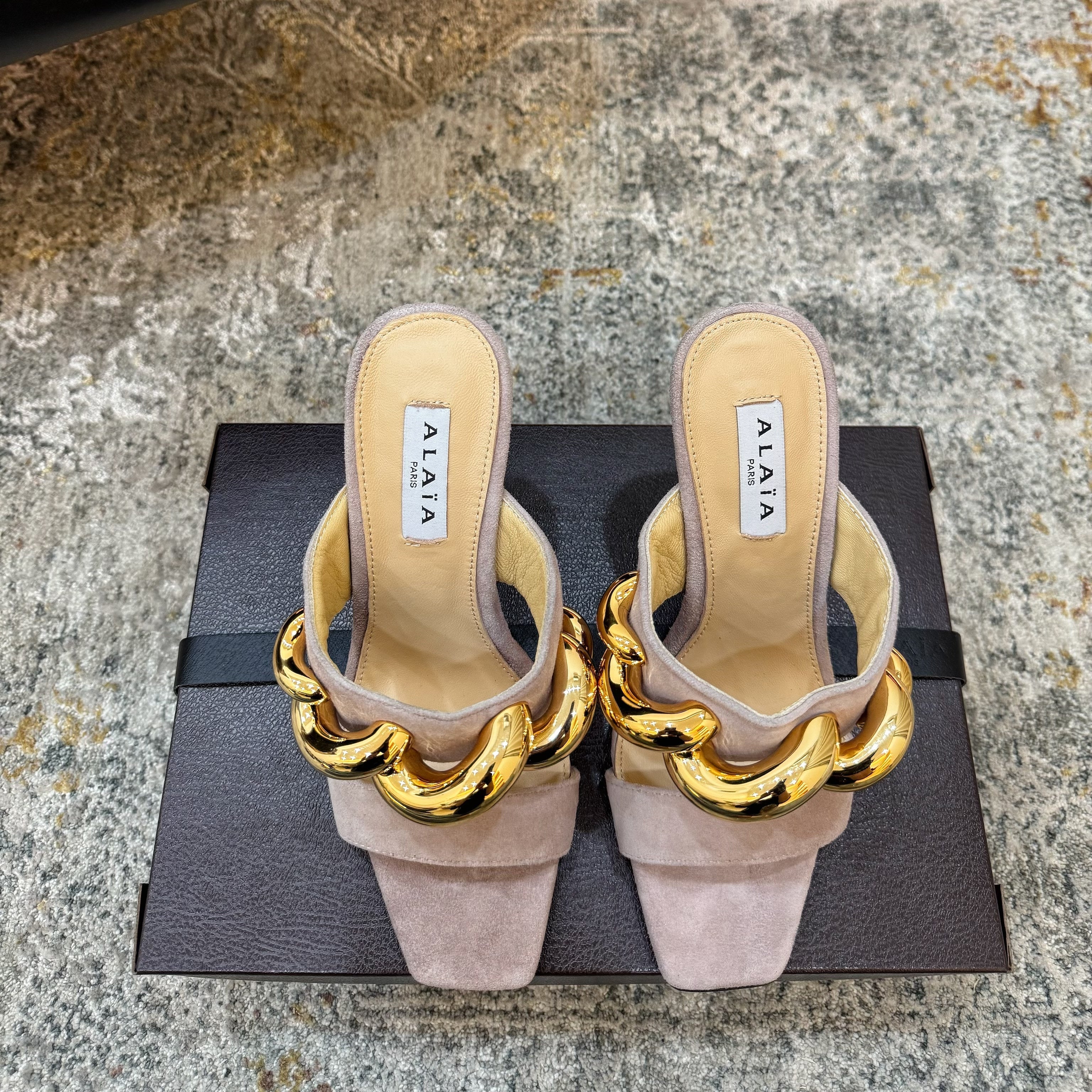 ALAIA 26S DOUBLE STRAP WEDGE SANDALS 110 MM IN BEIGE SUEDE WITH GOLD HARDWARE