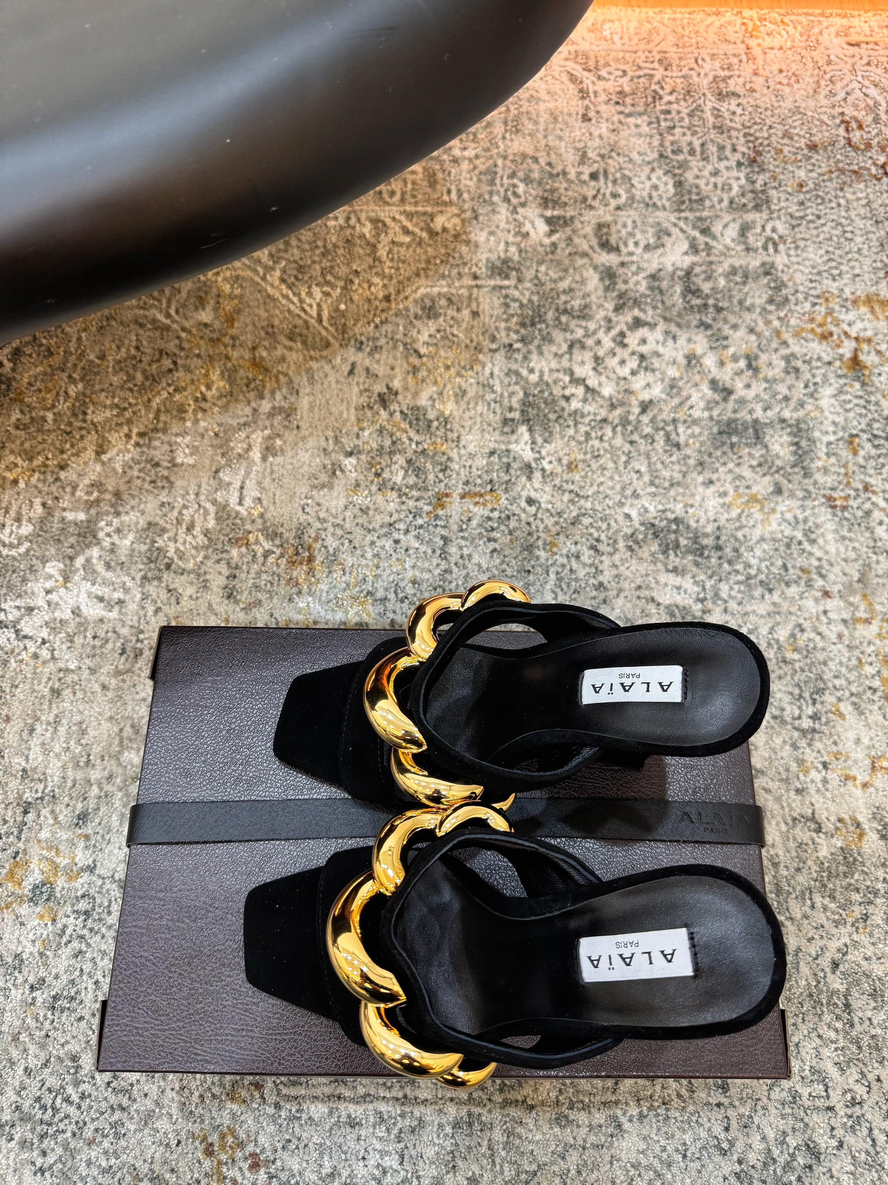 ALAIA 26S DOUBLE STRAP WEDGE SANDALS 110 MM IN BLACK SUEDE WITH GOLD HARDWARE