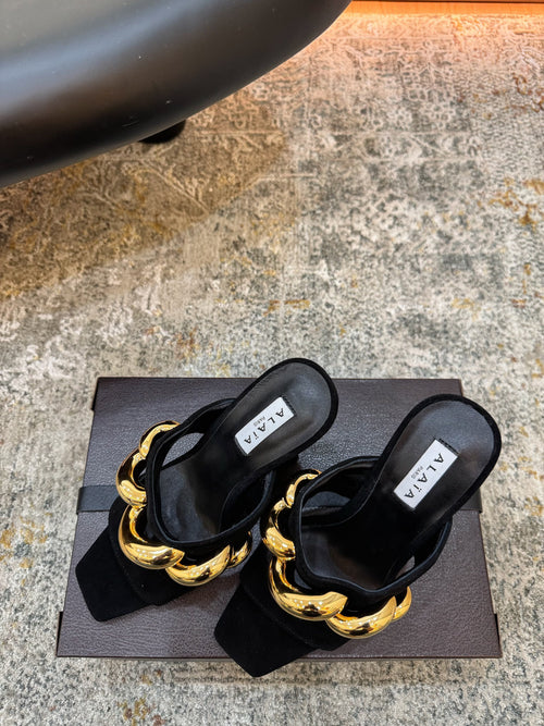 ALAIA 26S DOUBLE STRAP WEDGE SANDALS 110 MM IN BLACK SUEDE WITH GOLD HARDWARE