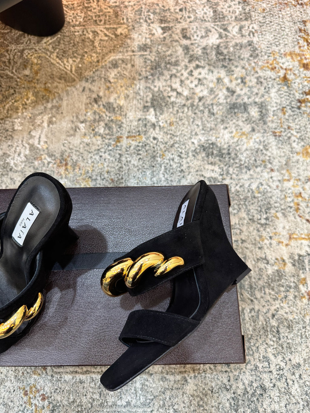 ALAIA 26S DOUBLE STRAP WEDGE SANDALS 110 MM IN BLACK SUEDE WITH GOLD HARDWARE