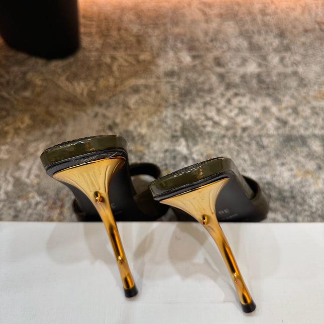 YSL 26S POINTED TOE HIGH HEEL SANDALS 100 MM IN DARK OLIVE GREEN GLOSSY CALFSKIN