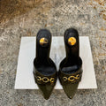 YSL 26S POINTED TOE HIGH HEEL SANDALS 100 MM IN DARK OLIVE GREEN GLOSSY CALFSKIN