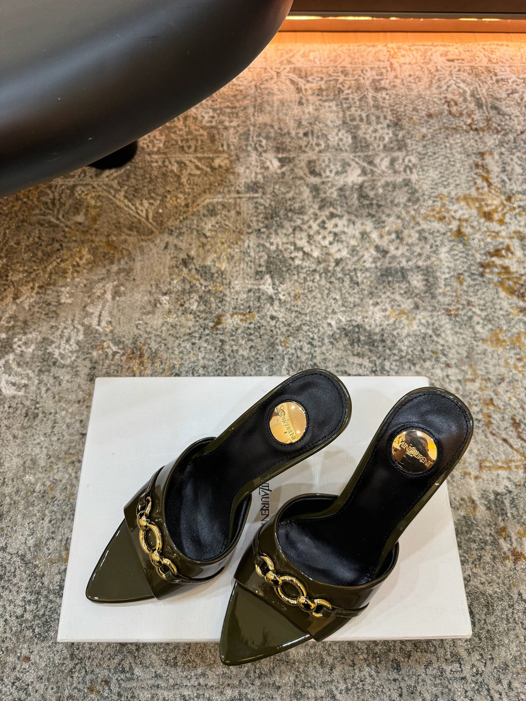 YSL 26S POINTED TOE HIGH HEEL SANDALS 100 MM IN DARK OLIVE GREEN GLOSSY CALFSKIN