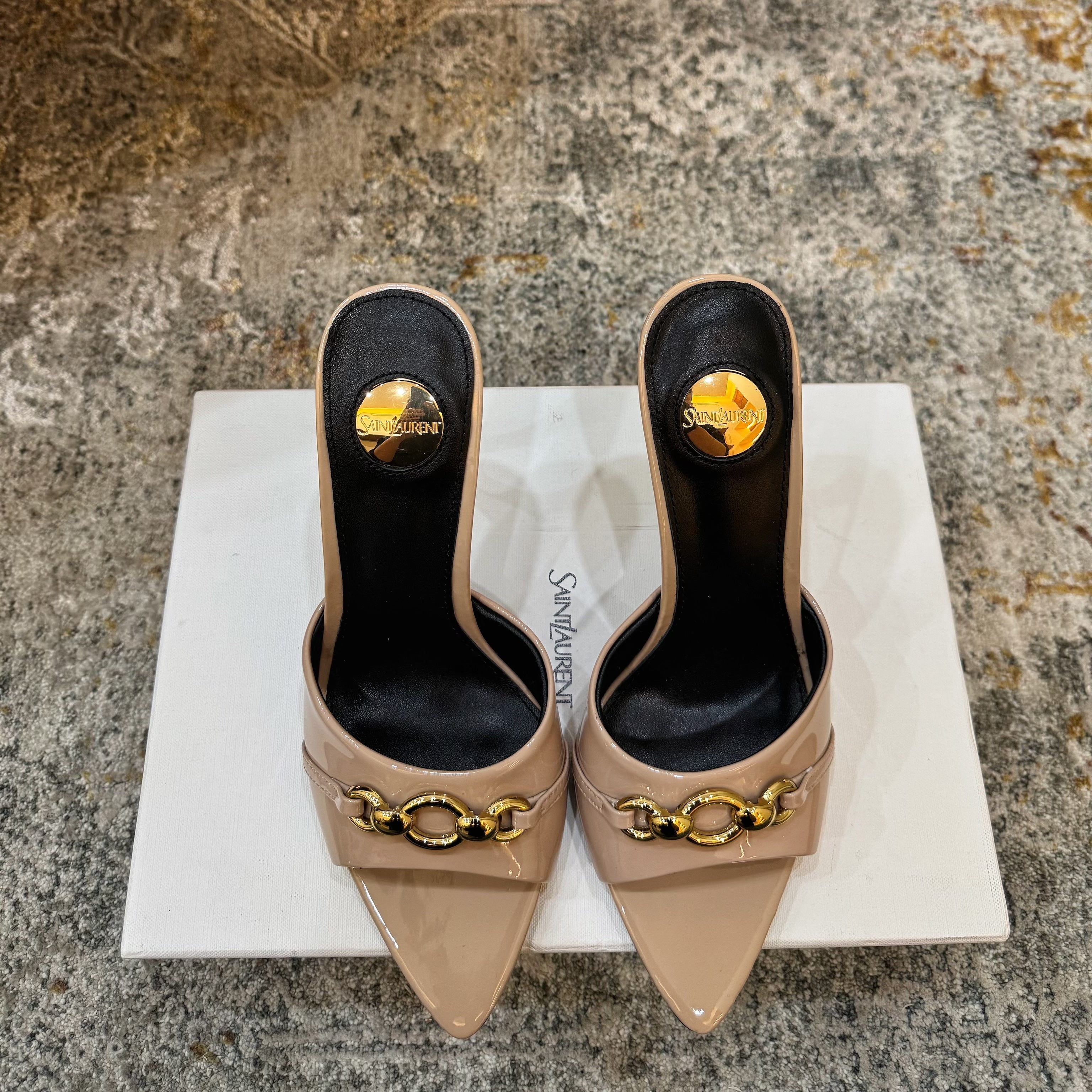 YSL 26S POINTED TOE HIGH HEEL SANDALS 100 MM IN BEIGE GLOSSY CALFSKIN