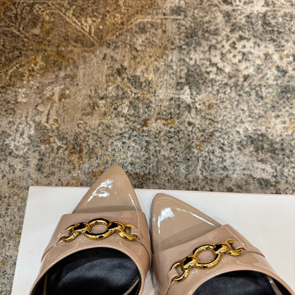 YSL 26S POINTED TOE HIGH HEEL SANDALS 100 MM IN BEIGE GLOSSY CALFSKIN