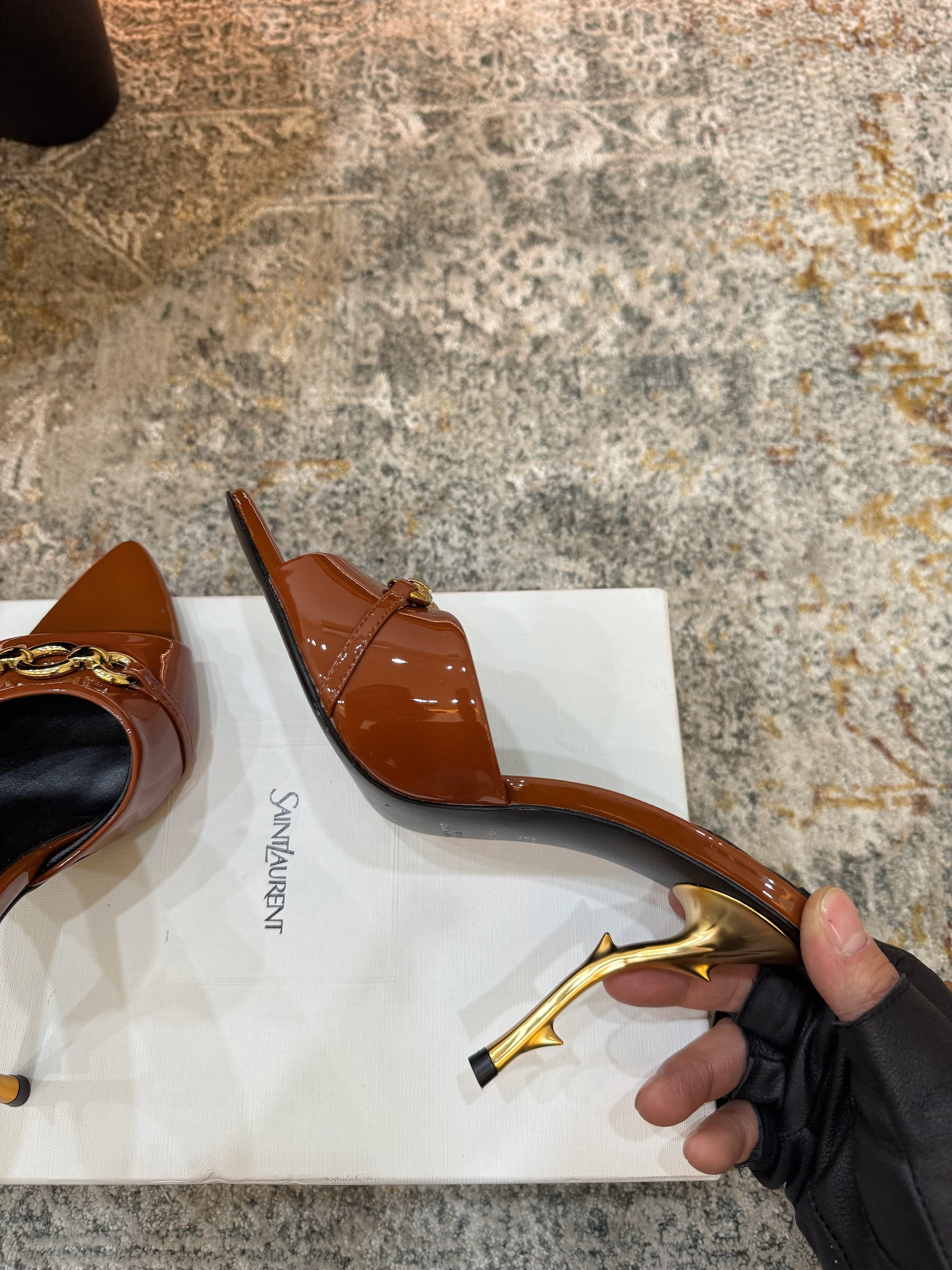 YSL 26S POINTED TOE HIGH HEEL SANDALS 100 MM IN BROWN GLOSSY CALFSKIN