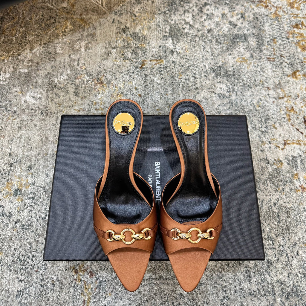YSL 26S POINTED TOE HIGH HEEL SANDALS 65 MM IN BROWN FABRIC