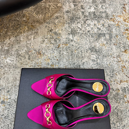 YSL 26S POINTED TOE HIGH HEEL SANDALS 65 MM IN DARK PINK FABRIC