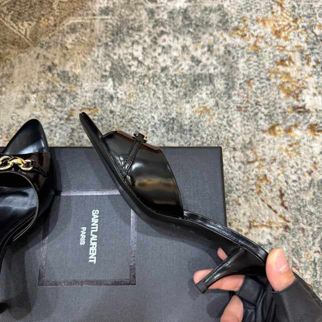 YSL 26S POINTED TOE HIGH HEEL SANDALS 65 MM IN BLACK SHINY CALFSKIN