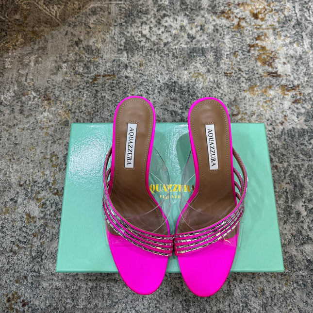 AQUAZZURA 26S CRYSTAL MULES 90 MM IN DARK PINK SATIN