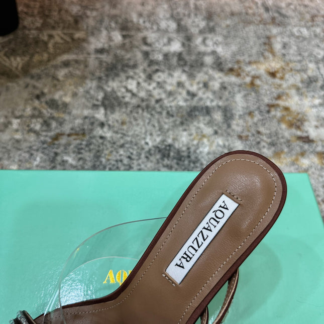 AQUAZZURA 26S CRYSTAL MULES 90 MM IN BROWN SATIN