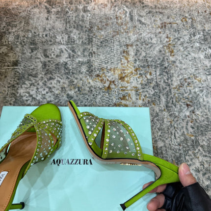 AQUAZZURA 26S HIGH-HEEL SANDALS 105 MM IN GREEN SATIN AND MESH