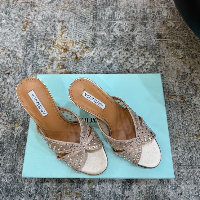AQUAZZURA 26S HIGH-HEEL SANDALS 105 MM IN LIGHT GOLD CALFSKIN AND MESH