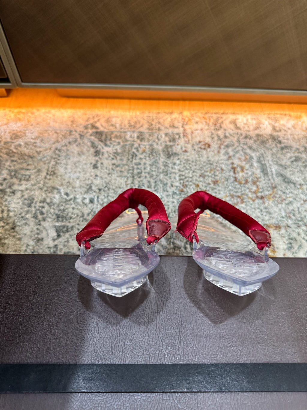 ALAIA 26S THONG SANDALS IN DARK RED SATIN AND TRANSPARENT PVC