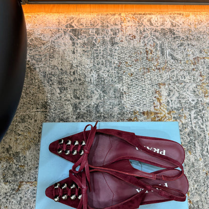 PRADA 26S POINTED TOE LACE UP SLINGBACK PUMPS 55MM IN BURGUNDY RED SUEDE