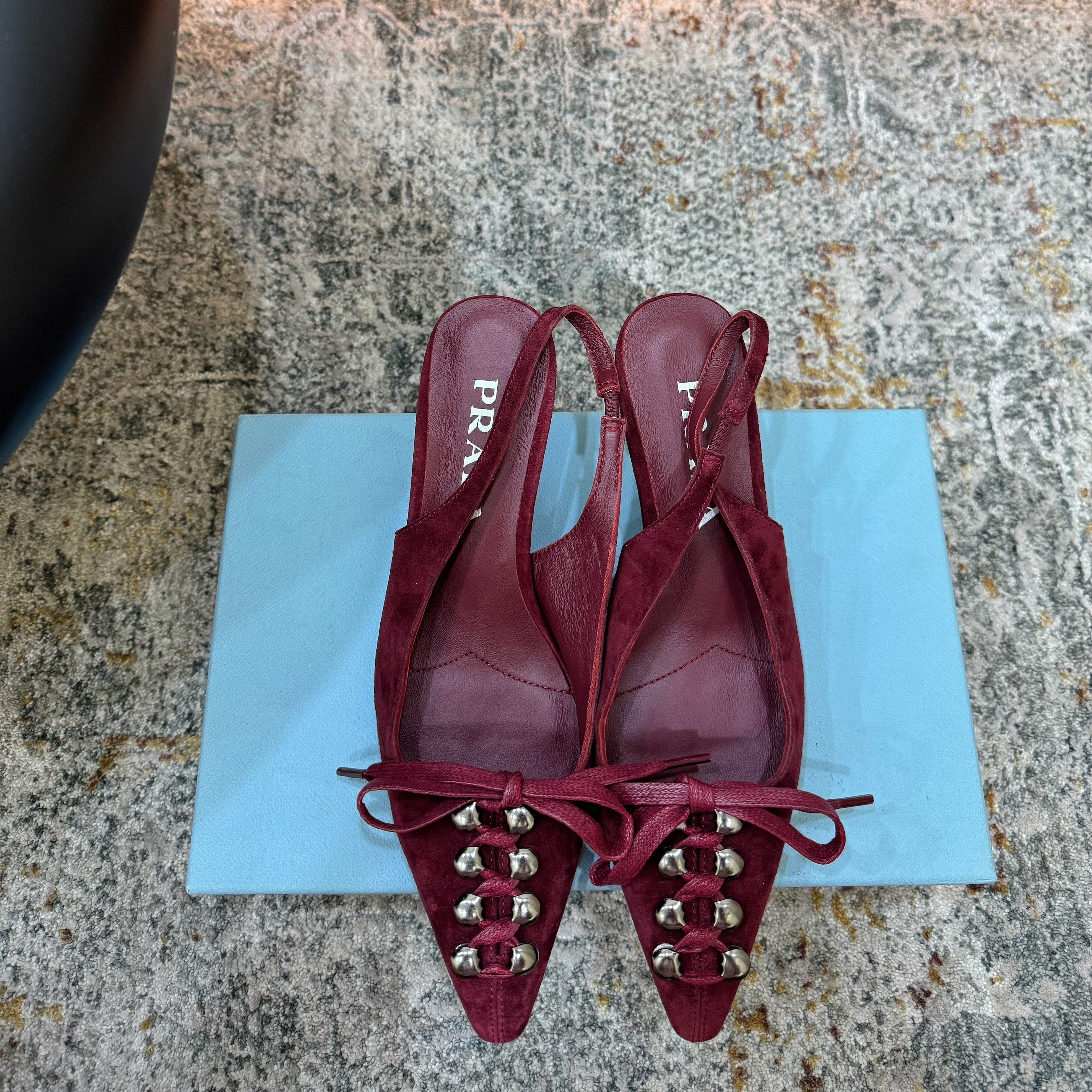 PRADA 26S POINTED TOE LACE UP SLINGBACK PUMPS 55MM IN BURGUNDY RED SUEDE