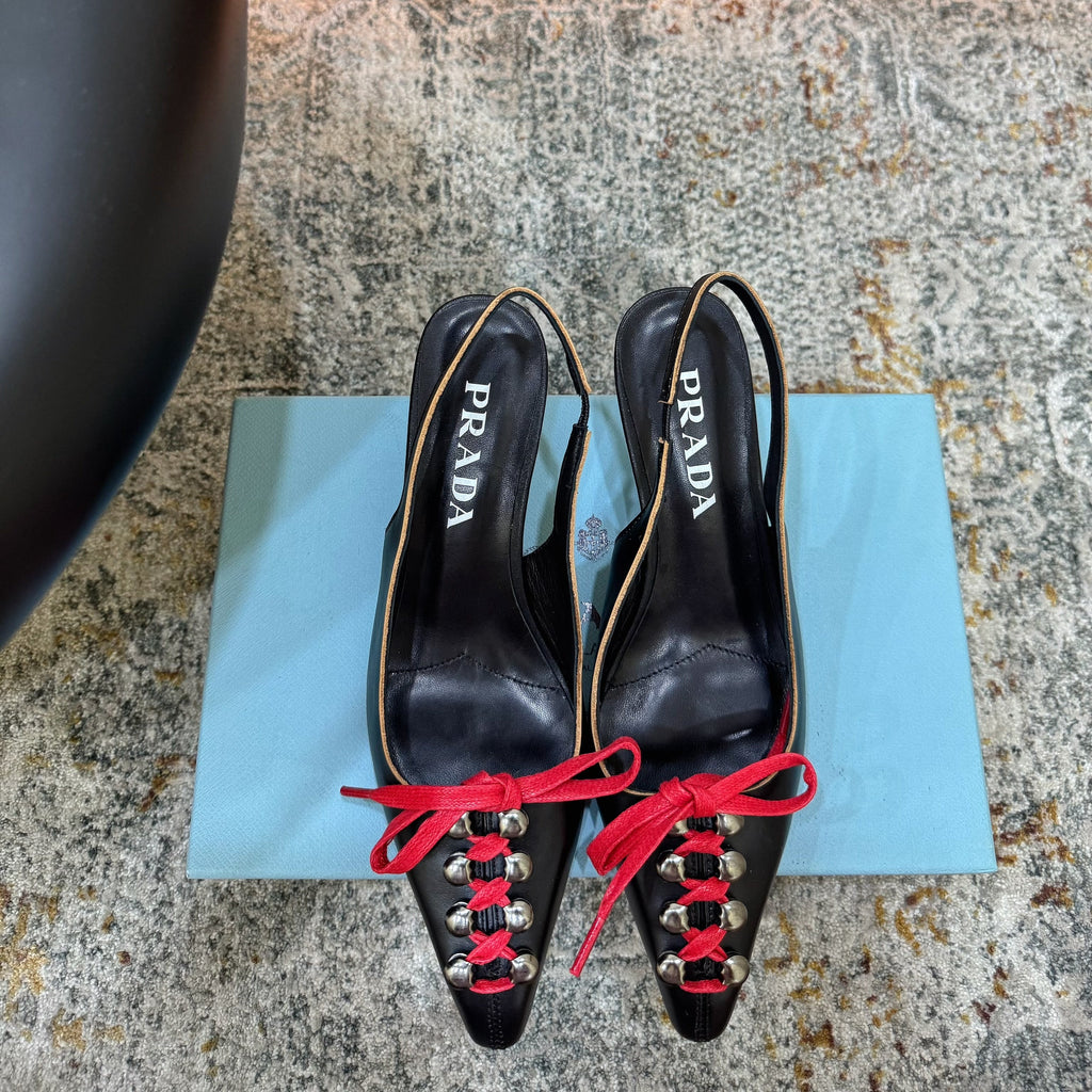 PRADA 26S LACE UP SLINGBACK PUMPS 55MM IN BLACK CALFSKIN WITH RED LACES