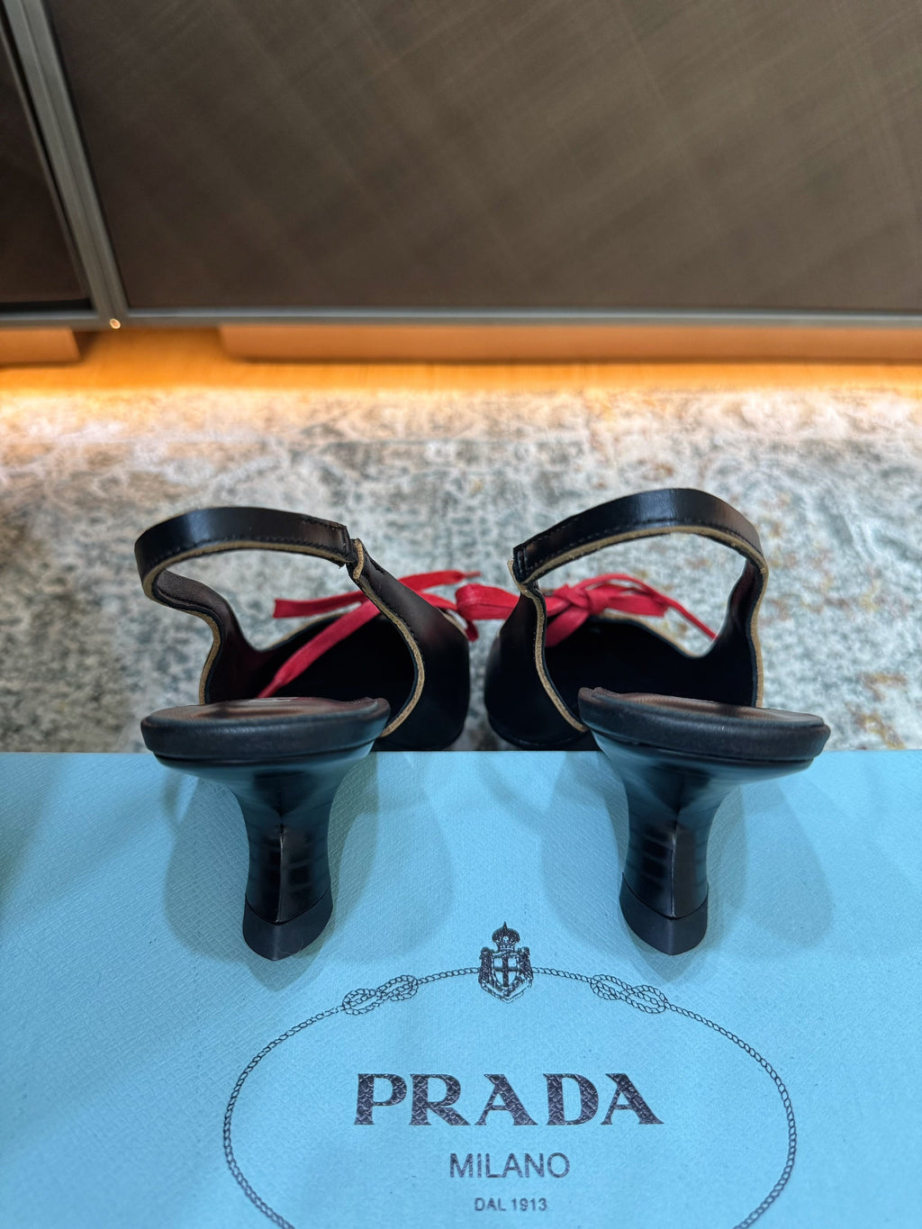 PRADA 26S LACE UP SLINGBACK PUMPS 55MM IN BLACK CALFSKIN WITH RED LACES