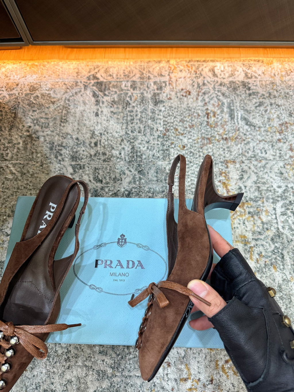PRADA 26S POINTED TOE LACE UP SLINGBACK PUMPS 55MM IN DARK BROWN SUEDE