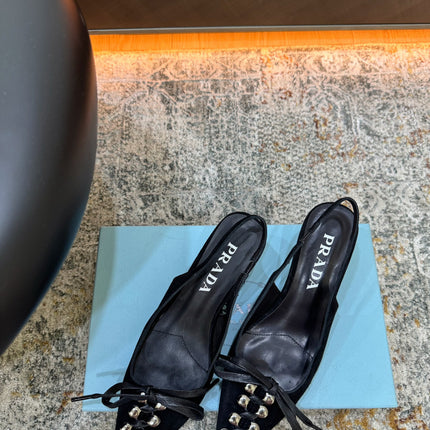 PRADA 26S POINTED TOE LACE UP SLINGBACK PUMPS 55MM IN BLACK SUEDE