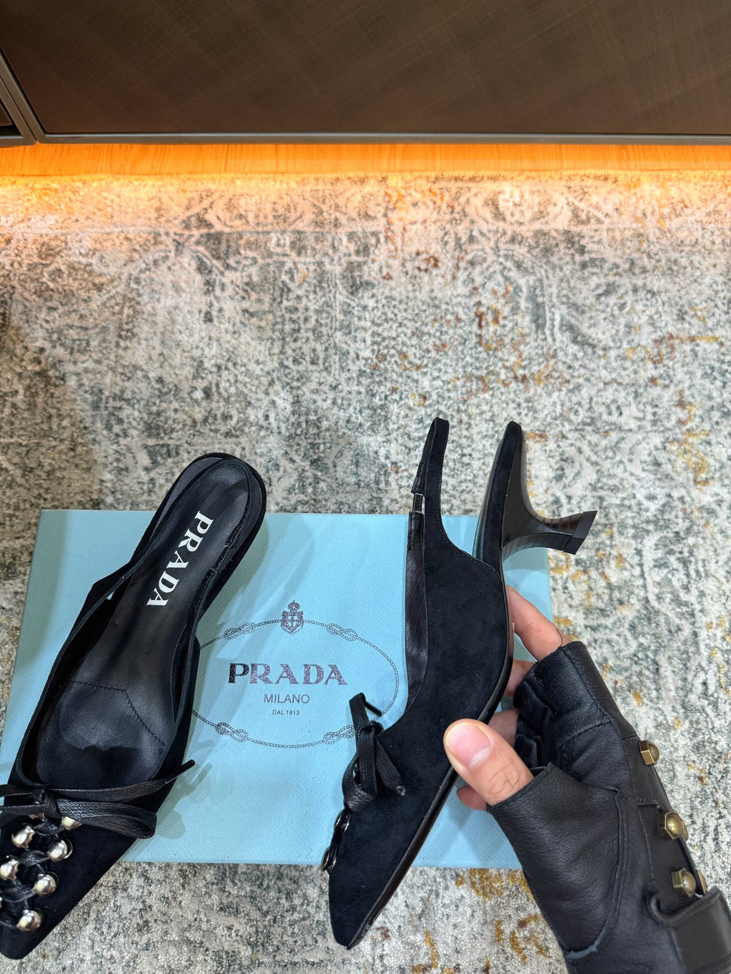 PRADA 26S POINTED TOE LACE UP SLINGBACK PUMPS 55MM IN BLACK SUEDE