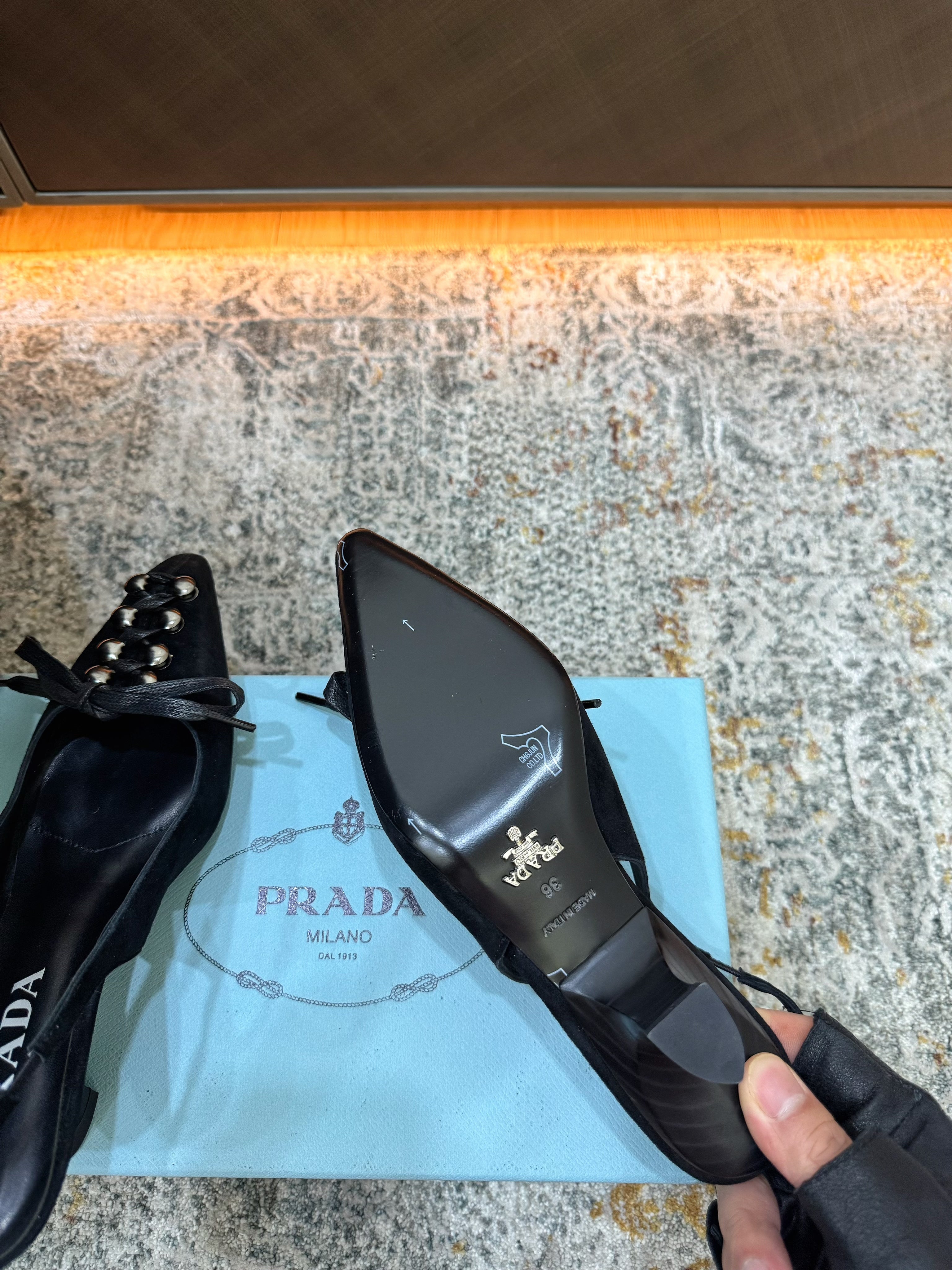 PRADA 26S POINTED TOE LACE UP SLINGBACK PUMPS 55MM IN BLACK SUEDE