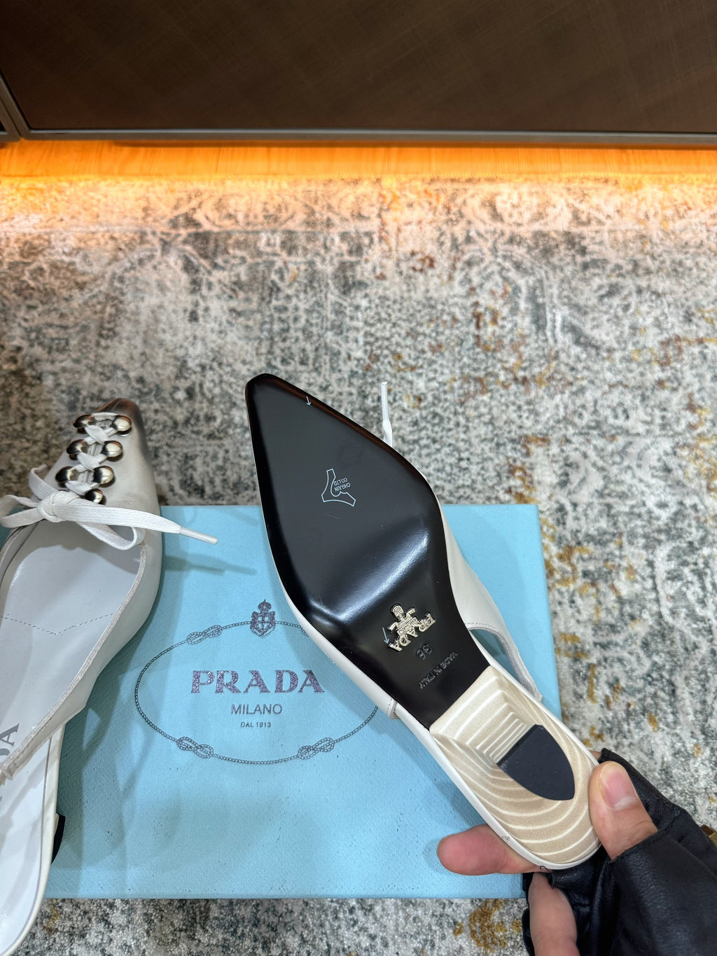 PRADA 26S POINTED TOE LACE UP SLINGBACK PUMPS 55MM IN WHITE CALFSKIN