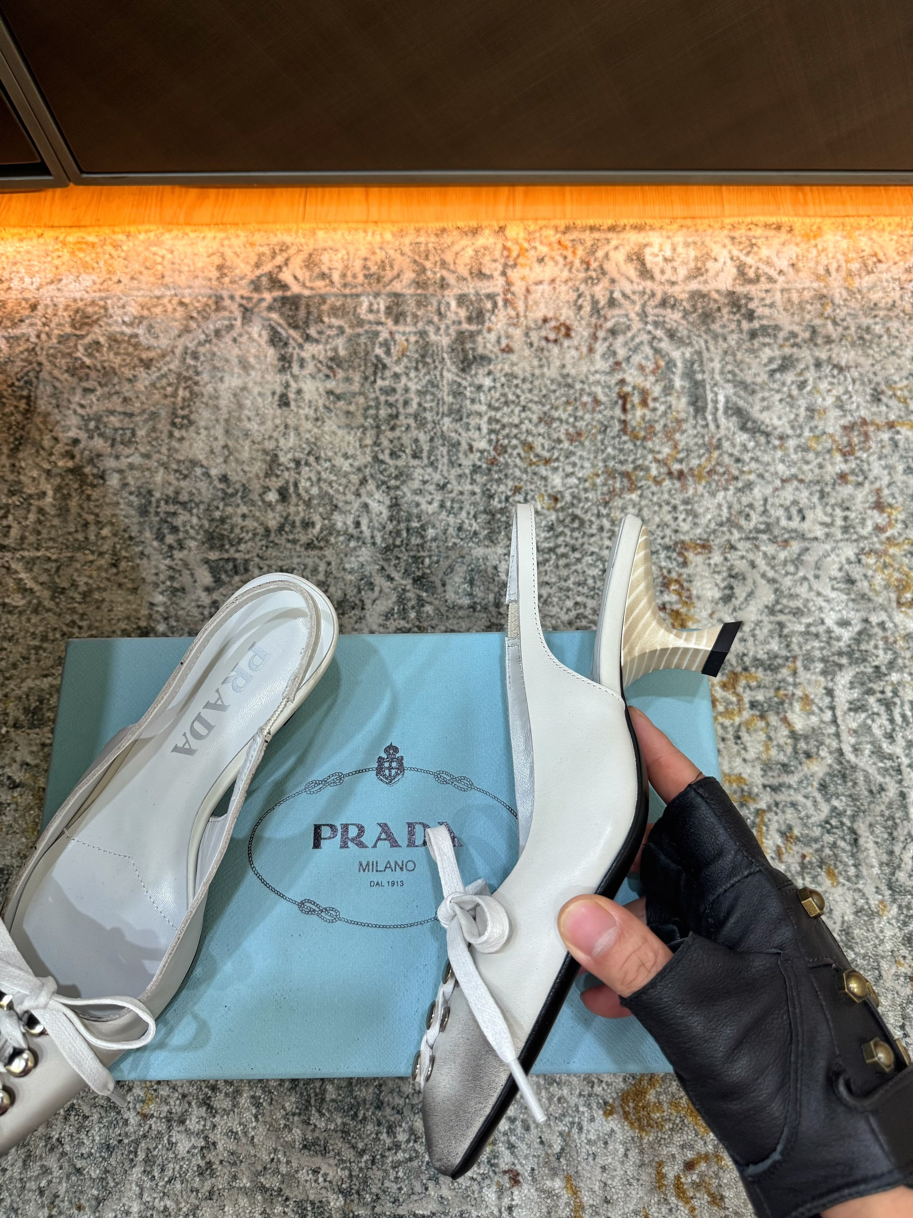 PRADA 26S POINTED TOE LACE UP SLINGBACK PUMPS 55MM IN WHITE CALFSKIN