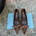 PRADA 26S POINTED TOE LACE UP STUDDED PUMPS 55MM IN DARK BROWN SUEDE