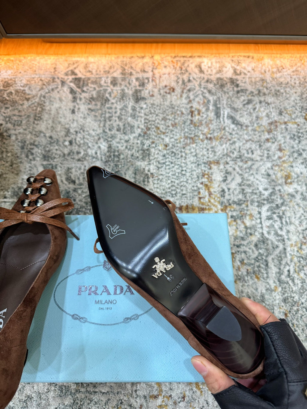 PRADA 26S POINTED TOE LACE UP STUDDED PUMPS 55MM IN DARK BROWN SUEDE